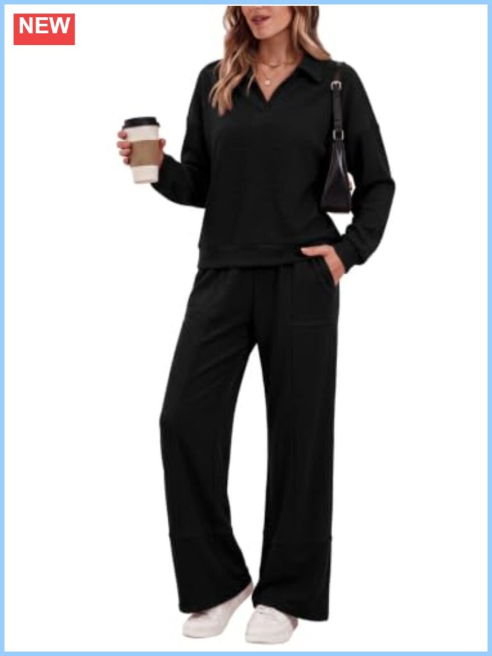 Ribbed Knit 2 Piece Set V Neck Top Wide Leg Pants
